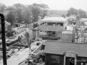 Riverside Sewage Works Reconstruction XI, showing view of main pumping station taking shape, taken from above, 1966