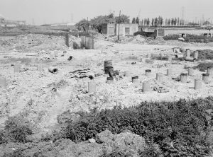 Riverside Sewage Works Reconstruction XI, showing protruding ends of concrete-filled hollow cylinders, 1966