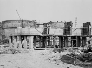 Riverside Sewage Works Reconstruction XI, showing new conduits, with old circular tanks behind, 1966
