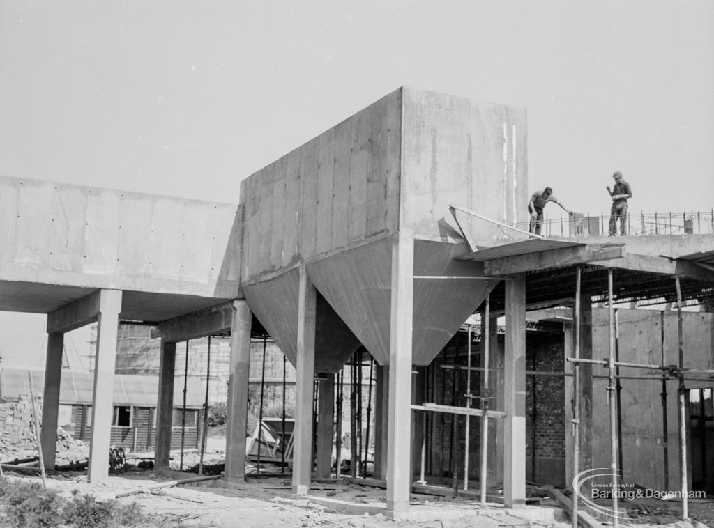 Riverside Sewage Works Reconstruction XI, showing workmen on conduit construction, 1966