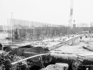 Riverside Sewage Works Reconstruction XI, showing steel wall skeleton and base for storm tank, 1966