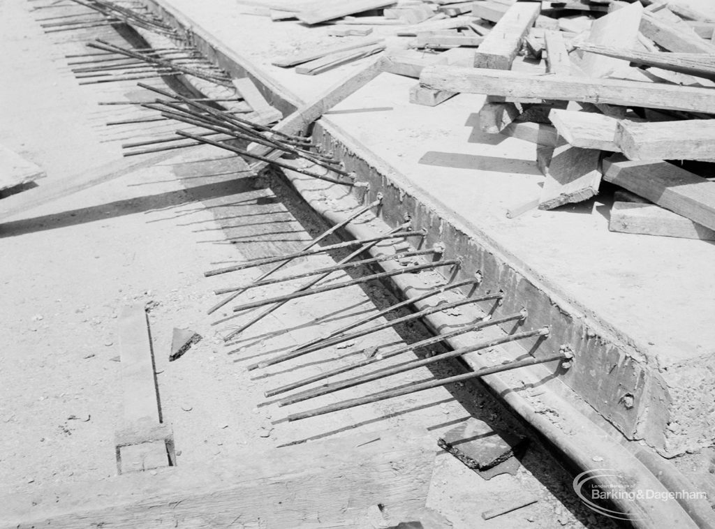 Riverside Sewage Works Reconstruction XI, showing rods protruding from concrete floor under core structure, 1966