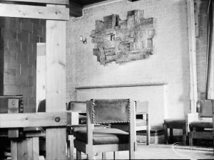Architecture, taken for article by Ian Nairn in Barking Record, July 1966, showing rough decoration on whitewashed wall with knotted timber frame, in Merry Fiddlers Public House, Dagenham, 1966