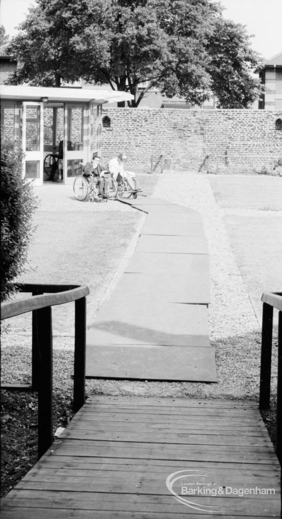 Training Centre at Eastbury House, Barking, showing view through external doorway to walled garden, 1966