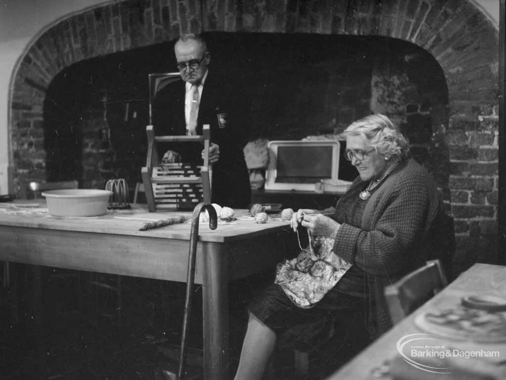 Training Centre at Eastbury House, Barking, showing elderly man and woman weaving and embroidering, 1966