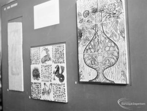 Victoria and Albert Exhibition on Tiles at Rectory Library, Dagenham, showing set of six tiles displaying vase, 1966