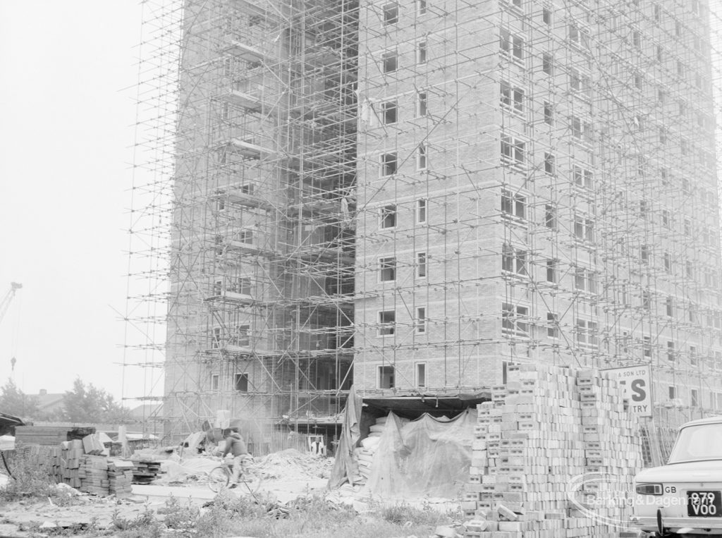 Housing in Church Elm Lane, Dagenham, showing lower portion of Thaxted House tower block, from north-west, 1966