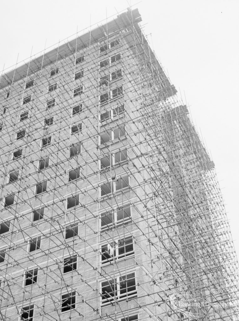 Housing in Church Elm Lane, Dagenham, showing upper portion of Thaxted House tower block, from south-west, 1966