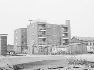 Housing in Church Elm Lane, Dagenham, showing rear of hall and blocks of flats, 1966
