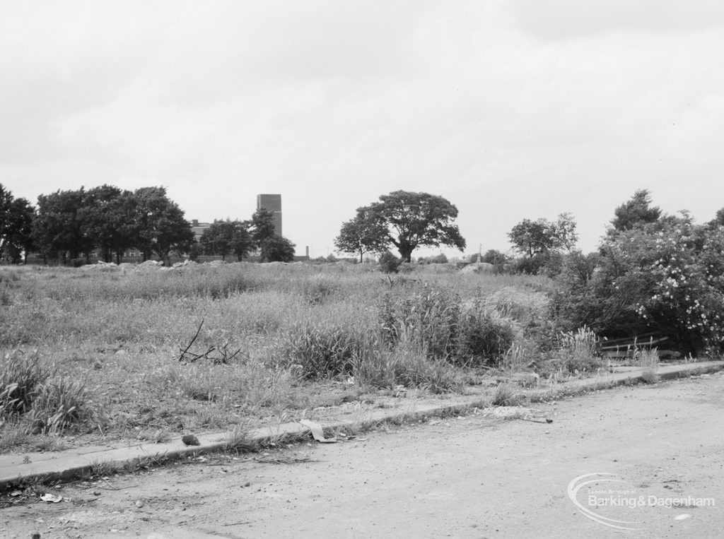 Southernmost limb of Evenlode Way, Dagenham after demolition of prefabs, near junction with Rainham Road, looking north to fire station, 1966