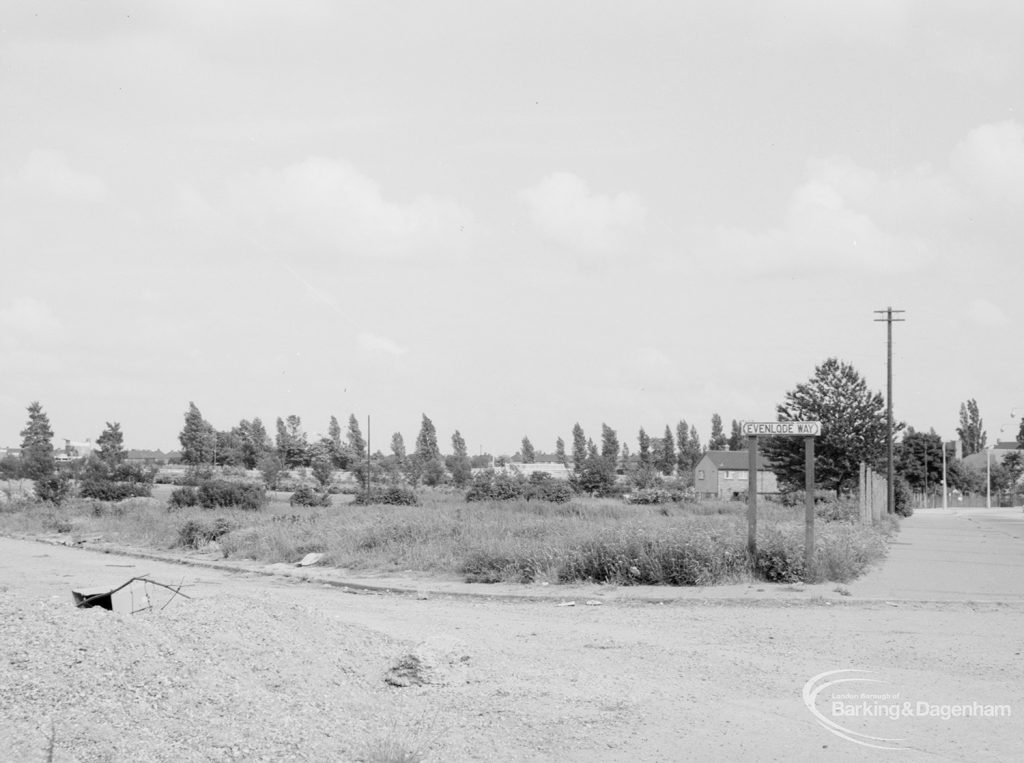 Evenlode Way, Dagenham after demolition of prefabs, showing north junction with Rainham Road North, facing south, 1966