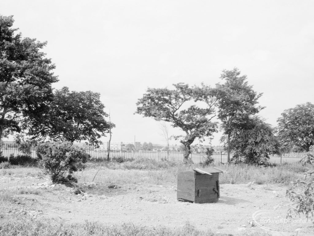 Evenlode Way, Dagenham after demolition of prefabs, showing bordering trees on east bend, 1966