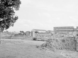 South side of Becontree Heath cleared for new development, with north block of Althorne Way flats under construction, 1966