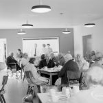 Elderly people welfare, showing serving hatch, staff and residents in dining room at Saywood Lodge, Weston Road, Dagenham, 1966