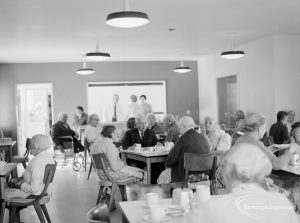 Elderly people welfare, showing serving hatch, staff and residents in dining room at Saywood Lodge, Weston Road, Dagenham, 1966