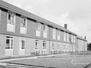 Mayesbrook, Bevan Avenue, Barking, showing exterior facade with the view across the lawns, 1966