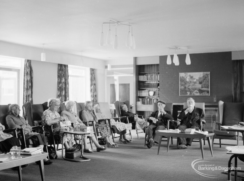 Saywood Lodge, Weston Road showing residents sitting in armchairs in the main lounge, 1966