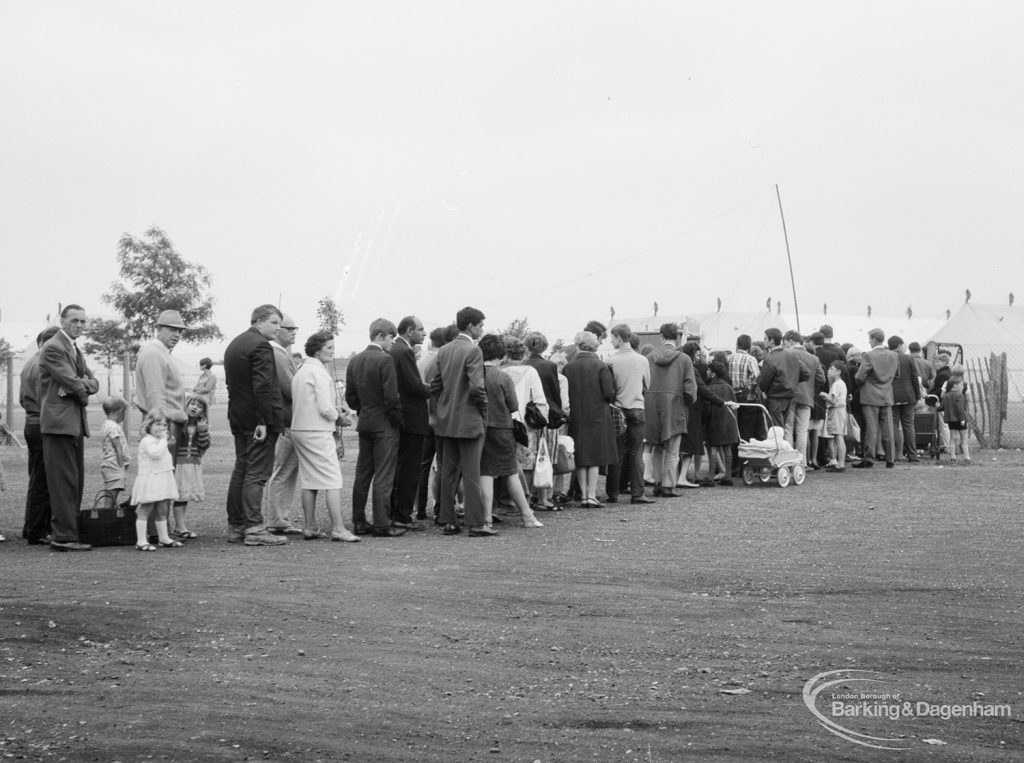 Dagenham Town Show 1966, showing visitors standing outside waiting to enter, 1966