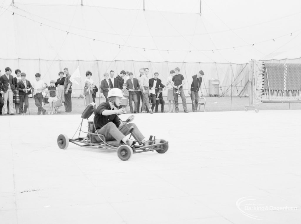 Dagenham Town Show 1966, showing the karting track with homemade go-karts made by schoolboys, 1966