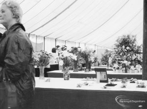 Dagenham Town Show 1966 at Central Park, showing the horticulture display with cut flowers in vases, 1966