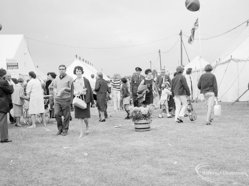 Dagenham Town Show 1966 at Central Park, showing visitors walking past tents in the park, 1966