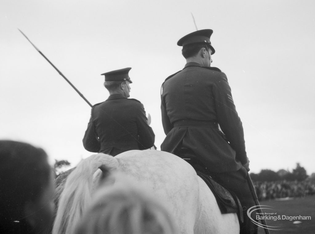 Dagenham Town Show 1966, showing men on horseback for a tent-pegging display, 1966