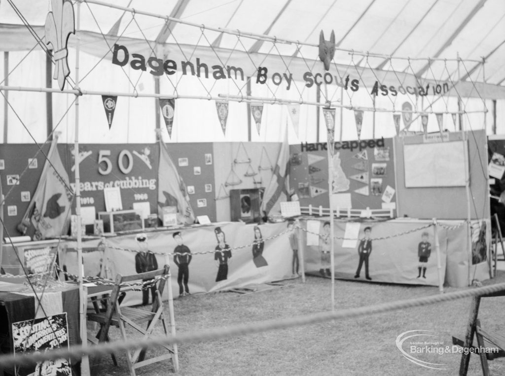 Dagenham Town Show 1966 at Central Park, showing Dagenham Boy Scouts Association exhibit on Youth Display, 1966