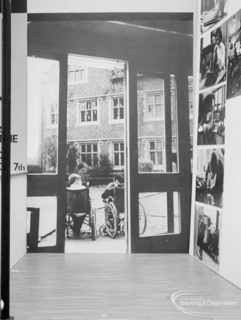 Dagenham Town Show 1966 at Central Park, showing Civic Services Welfare display stand, featuring enlarged photograph by Egbert Smart of Solarium at Eastbury House, 1966