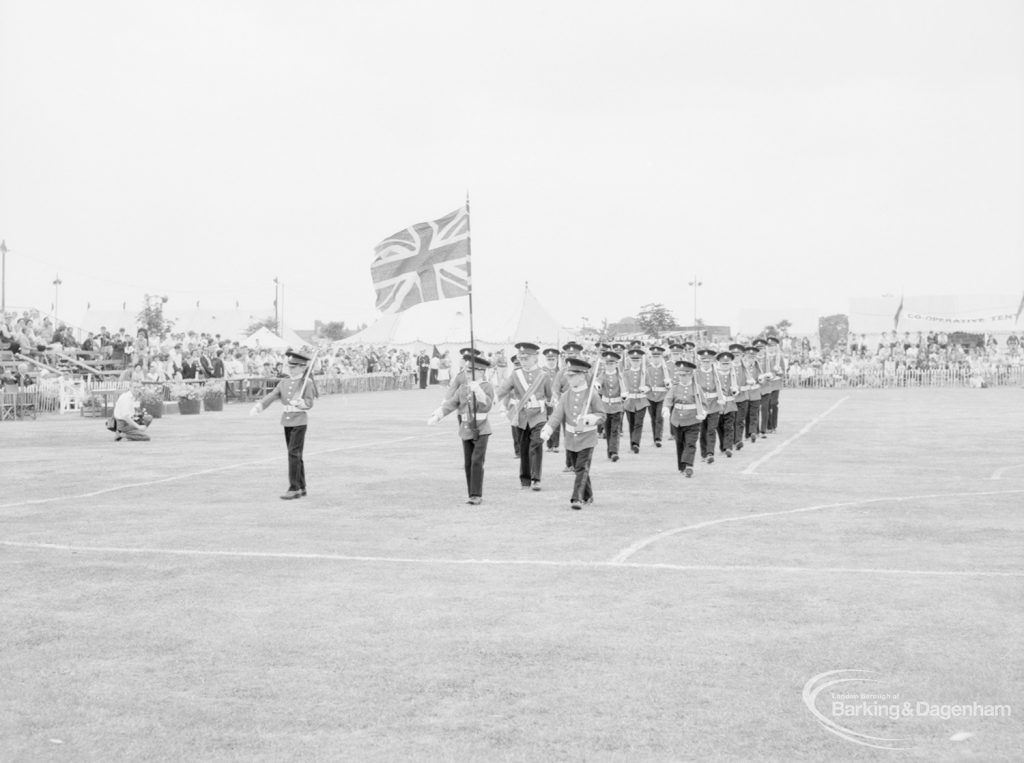 Dagenham Town Show 1966 at Central Park, showing young Redcoats with Union Jack flag, lined up in Arena, 1966