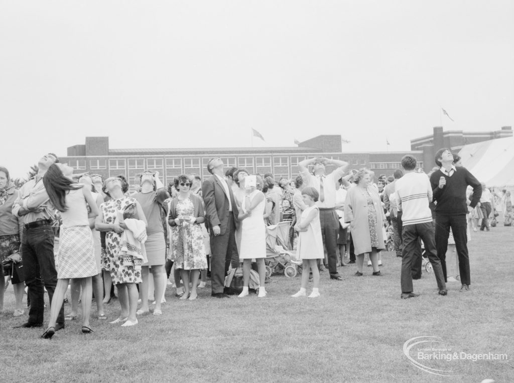 Dagenham Town Show 1966 at Central Park, showing spectators gazing skyward at Parachute Jumping display, 1966