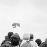Dagenham Town Show 1966 at Central Park, showing Parachute Jumping display, with spectators watching two approaching parachutes, 1966