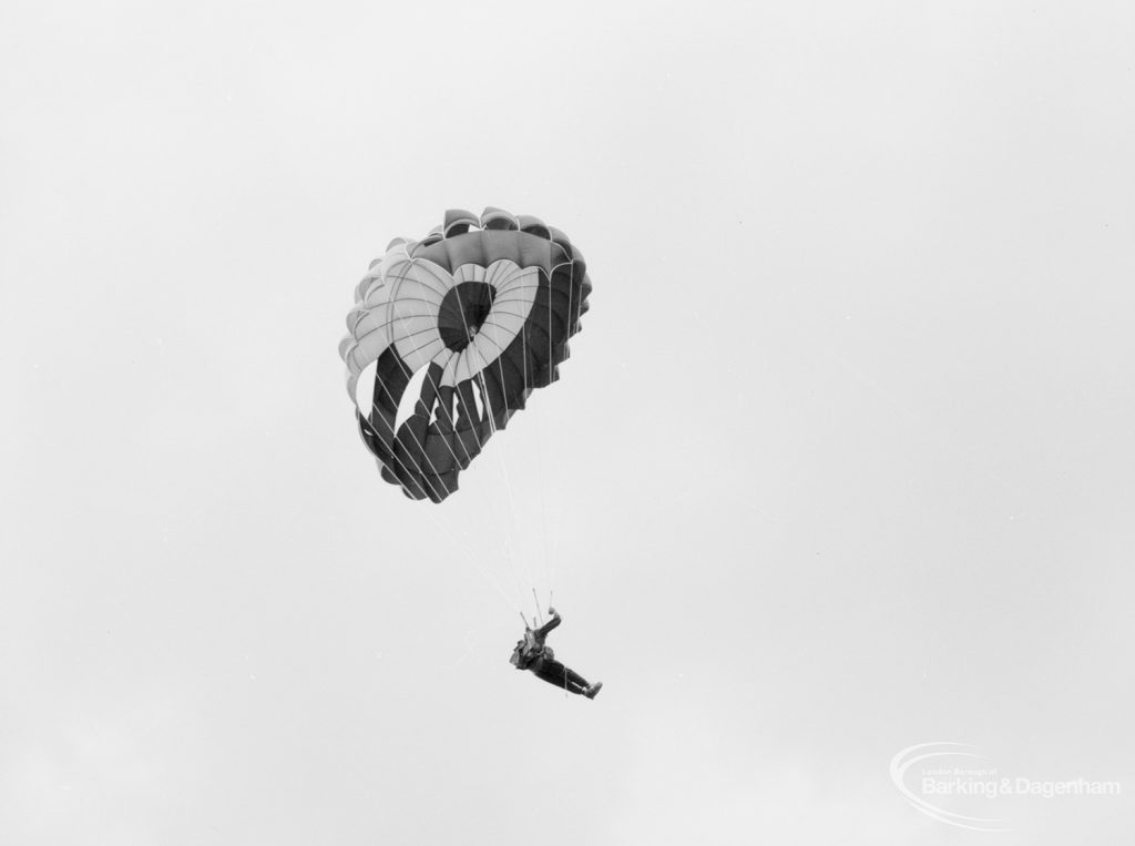 Dagenham Town Show 1966 at Central Park, showing Parachute Jumping display, with parachutist in sky, 1966