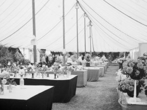 Dagenham Town Show 1966 at Central Park, showing Horticulture display with tables of flowers in jars, and roses at right, 1966