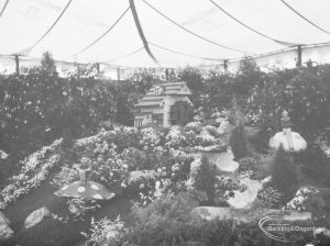 Dagenham Town Show 1966 at Central Park, showing Horticulture display with waterwheel and toadstool, 1966