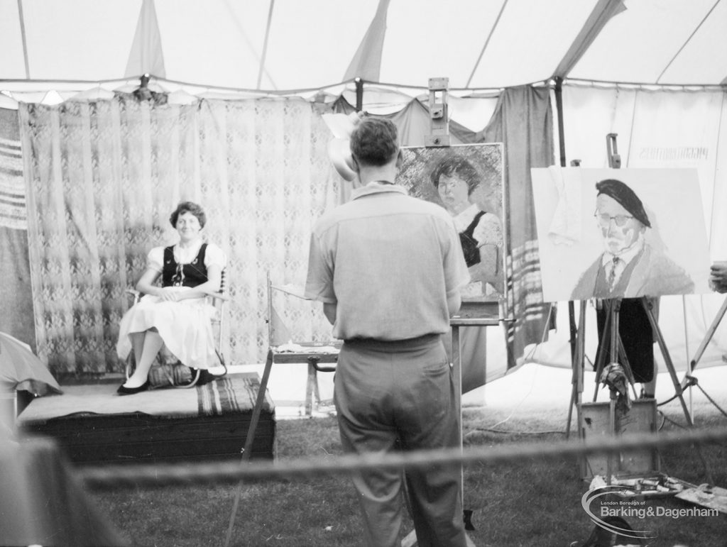 Dagenham Town Show 1966 at Central Park, showing Visual Arts Display, with artist from Barking Art Society painting portrait of female model in oils, 1966