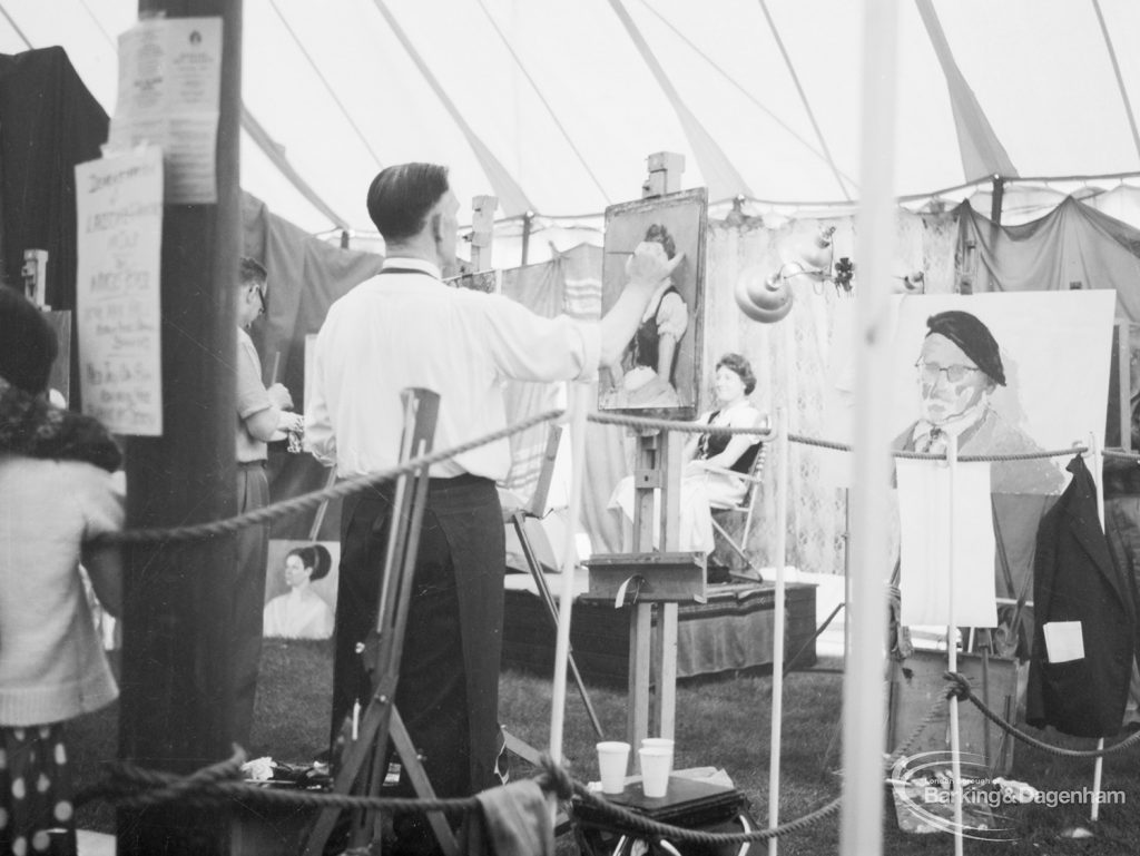 Dagenham Town Show 1966 at Central Park, showing Visual Arts Display, with artist from Barking Art Society painting portrait of female model in oils, 1966