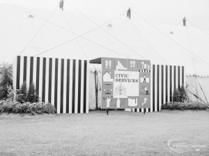 Dagenham Town Show 1966 at Central Park, showing entrance to Civic Services marquee, with sign board, flowers and striped boards, 1966