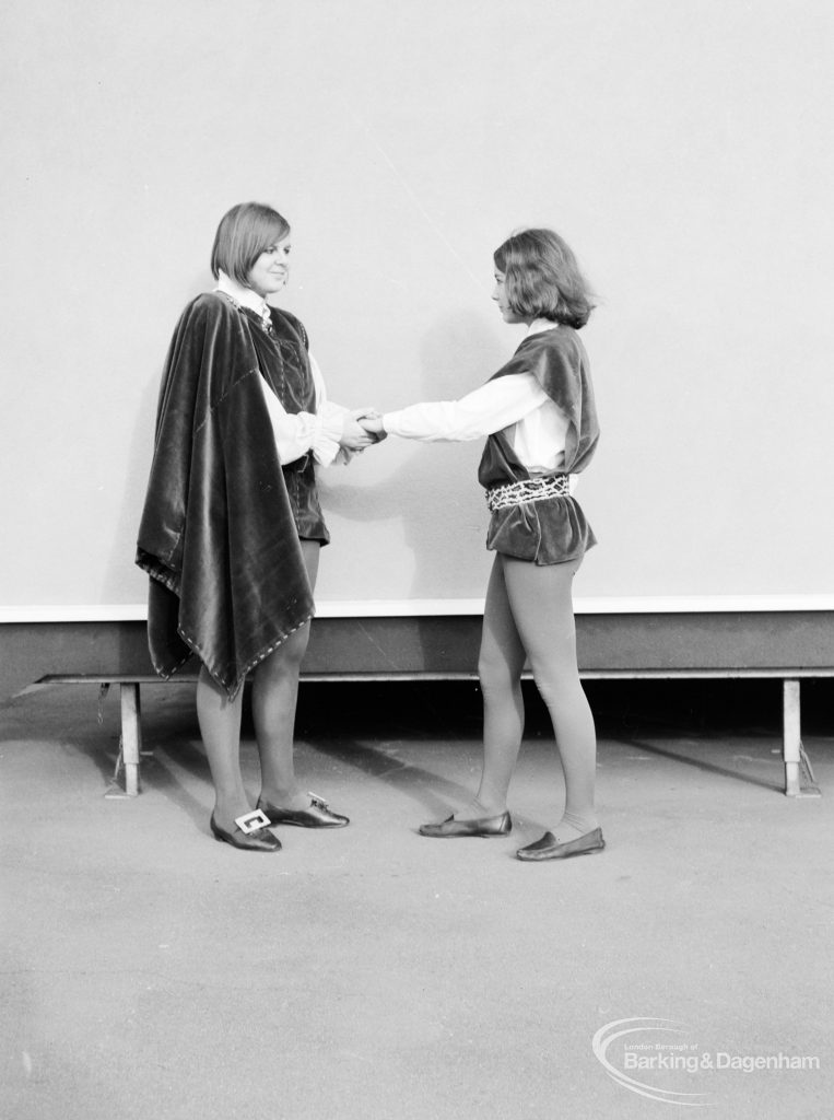 Gearies Girls School, Redbridge, showing two performers in ‘As You Like It’ school play, 1966