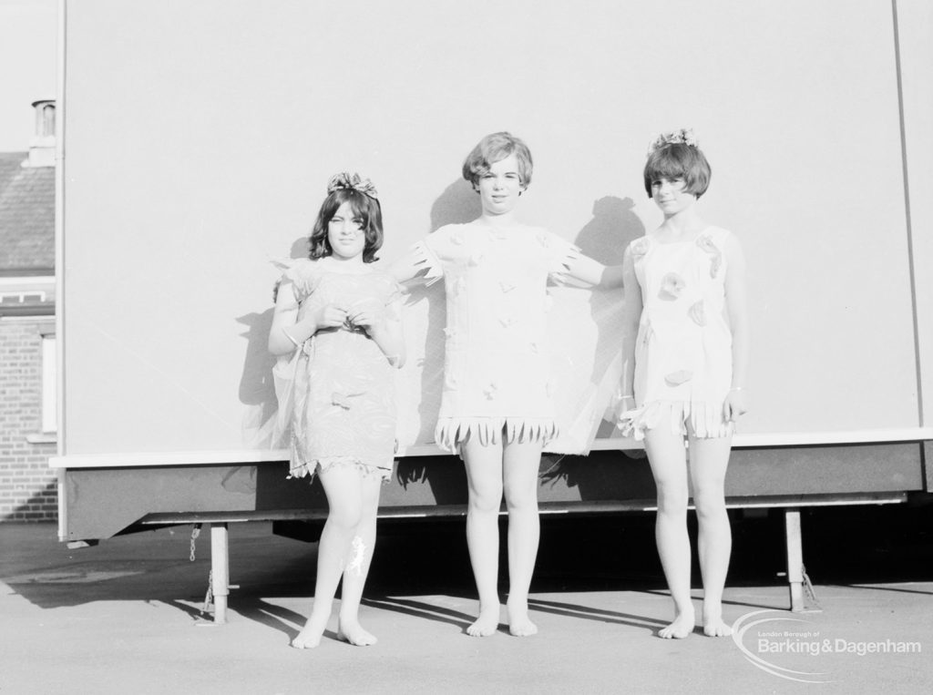 Gearies Girls School, Redbridge, showing three performers in ‘As You Like It’ school play, 1966