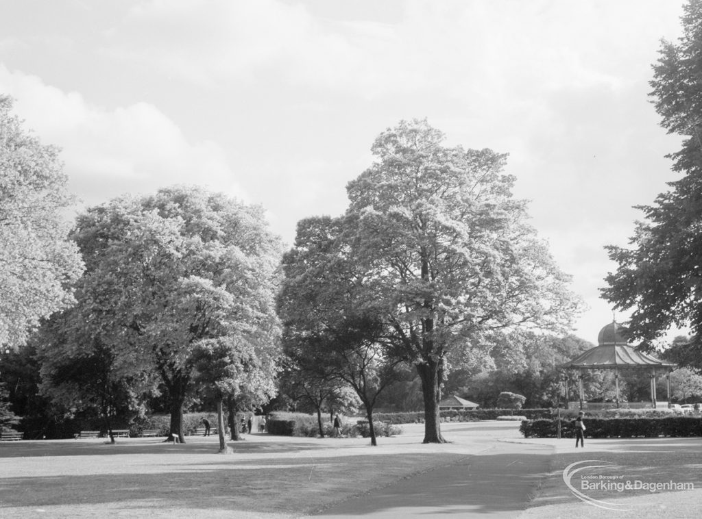 Valentines Park, Ilford, showing trees and bandstand, 1966