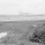 Riverside Sewage Works Reconstruction XII, showing panoramic view of undeveloped area, with rough dirt tracks amongst wild flowers and with industrial buildings on horizon [sequence running from left to right EES11459 – 60 – 66 – 65 – 62 – 67 – 63 – 64 – EES11461], 1966