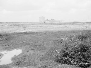 Riverside Sewage Works Reconstruction XII, showing panoramic view of undeveloped area, with rough dirt tracks amongst wild flowers and with industrial buildings on horizon [sequence running from left to right EES11459 – 60 – 66 – 65 – 62 – 67 – 63 – 64 – EES11461], 1966