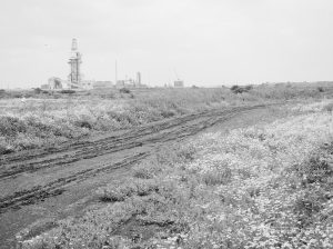 Riverside Sewage Works Reconstruction XII, showing panoramic view of undeveloped area, with rough dirt tracks amongst wild flowers and with industrial buildings on horizon [sequence running from left to right EES11459 – 60 – 66 – 65 – 62 – 67 – 63 – 64 – EES11461], 1966