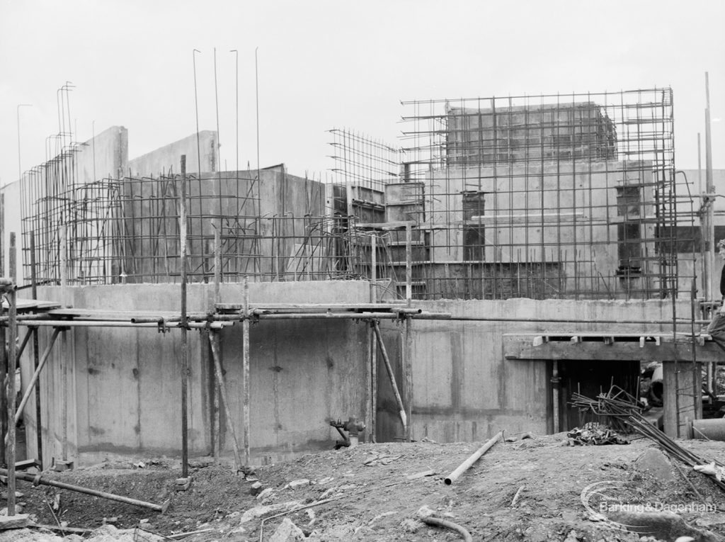 Riverside Sewage Works Reconstruction XII, showing steelwork for two digesters, 1966