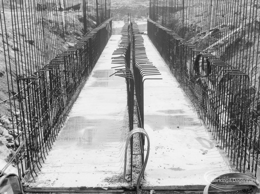 Riverside Sewage Works Reconstruction XII, showing storm tank with steel rods and concrete base, 1966