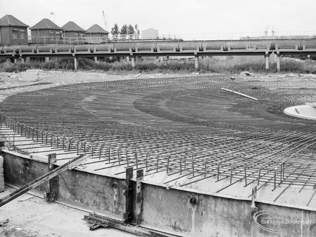 Riverside Sewage Works Reconstruction XII, showing half of steel network for large digester tank, 1966