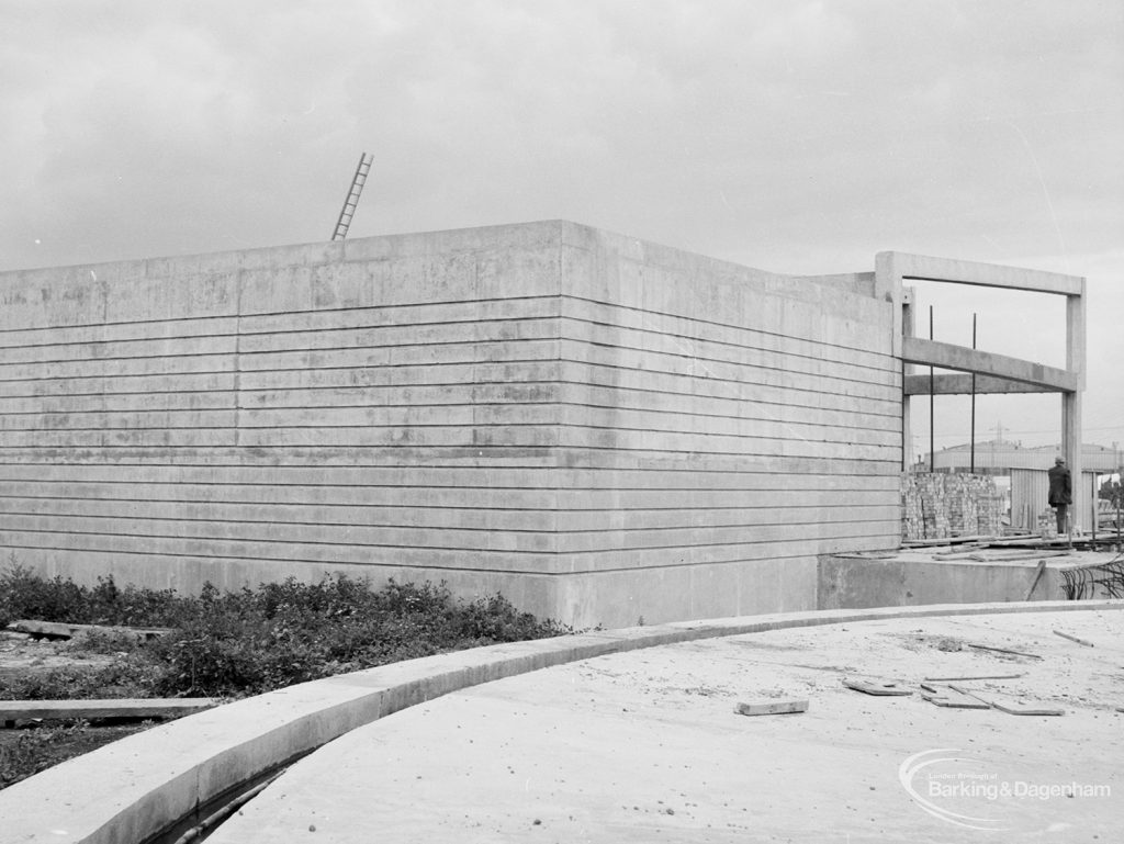 Riverside Sewage Works Reconstruction XII, showing blind walls of building, 1966