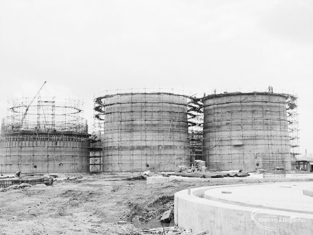 Riverside Sewage Works Reconstruction XII, showing three digesters, one half-finished, 1966