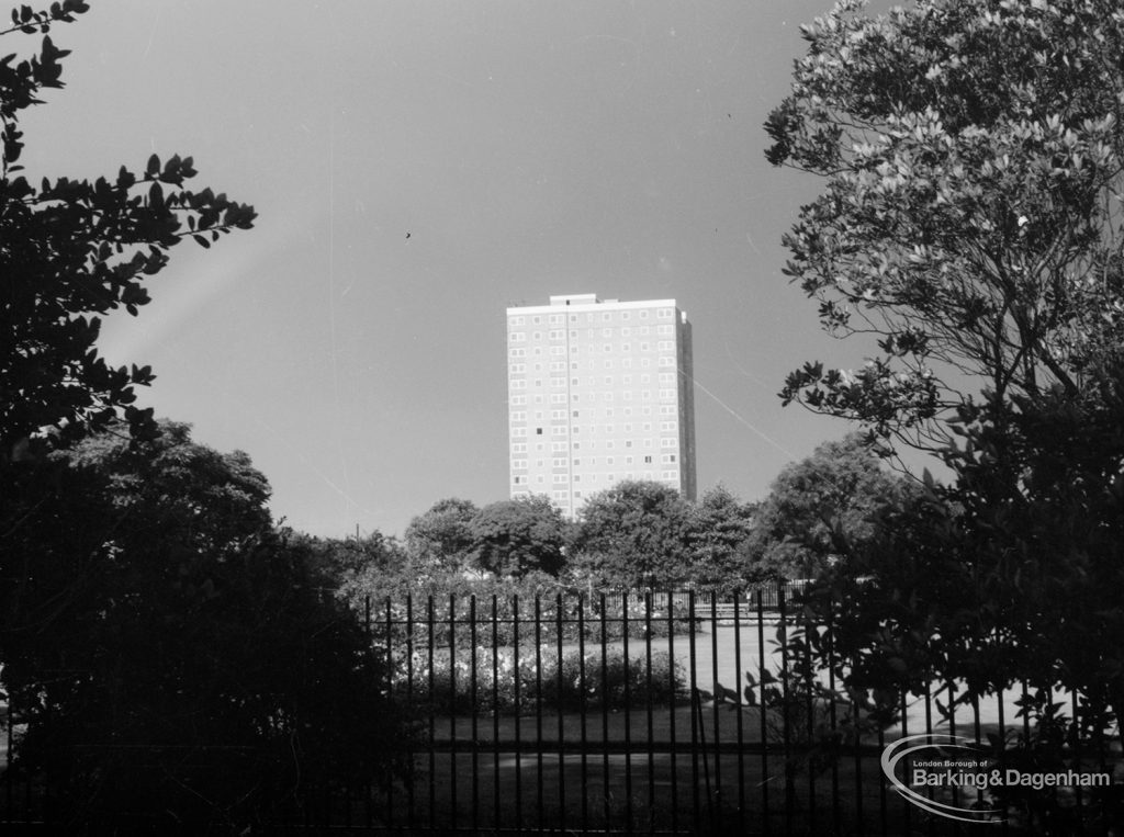 Housing, showing Thaxted House, Siviter Way, Dagenham with rainbow, taken from Rectory Library, 1966