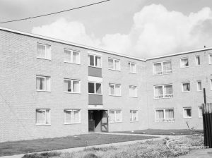 New housing in Gascoigne area, with flowerbeds and strong clouds, 1966